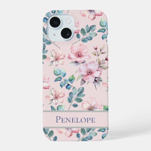 Eleganter rosa Blumenmuster - Beispiel für das Tel iPhone 15 Hülle (Rückseite)