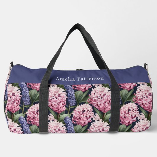 Eleganter rosa Blumenmuster Personalisierter Name Duffle Bag (Vorderseite)