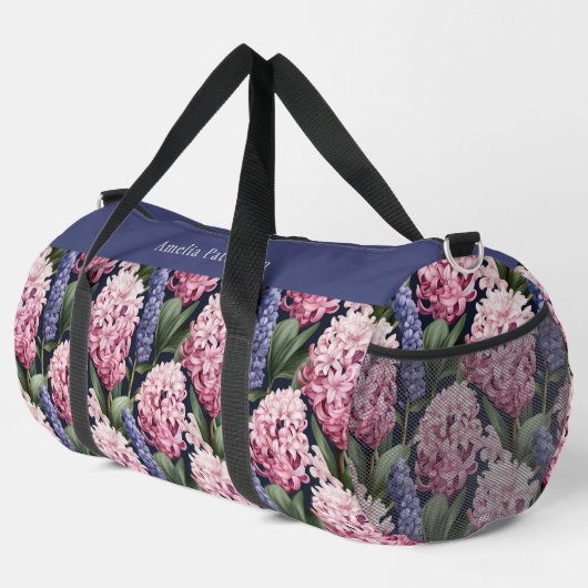 Eleganter rosa Blumenmuster Personalisierter Name Duffle Bag (Rechte Ecke)