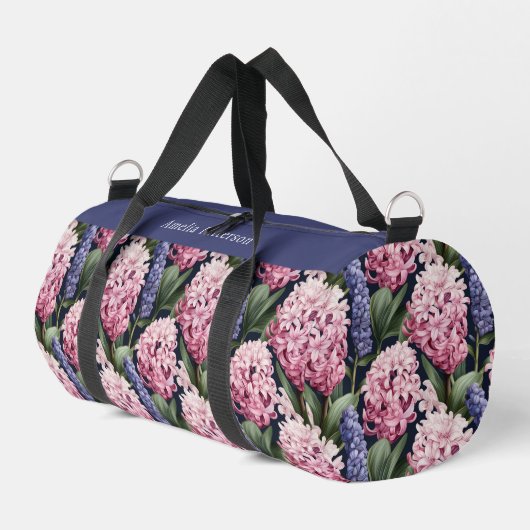 Eleganter rosa Blumenmuster Personalisierter Name Duffle Bag (Linke Seite)