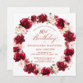 Eleganter Rosa Blumenreath 80. Geburtstag Einladung (Vorne/Hinten)