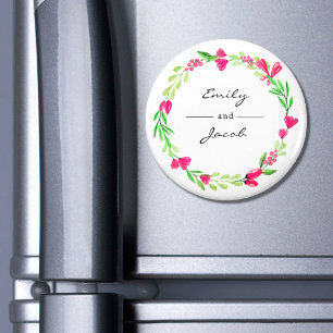 Eleganter rosa Blumenreath Weißer Name des Paares Magnet