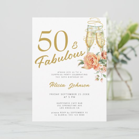 Eleganter rosa Blumenstrauß 50 sagenhafte 50. Gebu Einladung (Stehend Vorderseite)