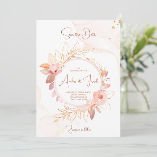 Eleganter rosa Blumenzitat mit QR-Code Einladung (Stehend Vorderseite)