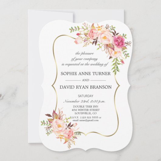 Eleganter Rosa Blush Bloral Gold Rahmen Hochzeit Einladung (Vorderseite)