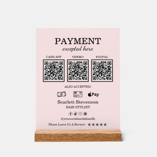 Eleganter Rosa Blush QR Code Zahlung Acrylschild (Vorderseite)