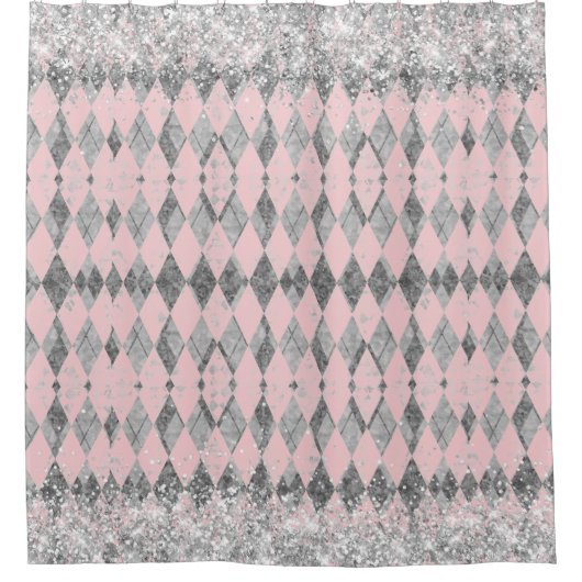 Eleganter Rosa Blush Silver Harlequin Glitzer Duschvorhang (Vorderseite)
