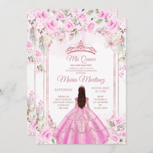 Eleganter rosa Blütenschmetterling Prinzessin Quiñ Einladung (Vorne/Hinten)
