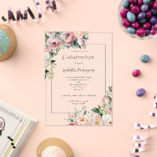 Eleganter rosa Blütensilber-Grenze Quinceañera Acryleinladungen