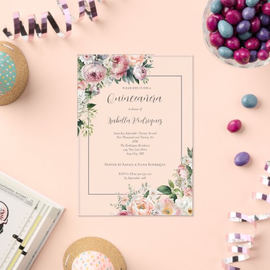 Eleganter rosa Blütensilber-Grenze Quinceañera Acryleinladungen (Insitu (Feier))