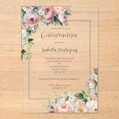 Eleganter rosa Blütensilber-Grenze Quinceañera Acryleinladungen (Vorderseite)