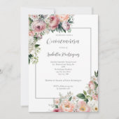 Eleganter rosa Blütensilber-Grenze Quinceañera Einladung (Vorderseite)