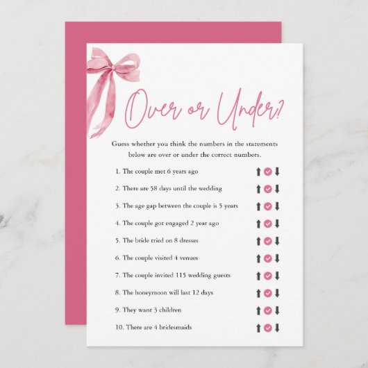 Eleganter rosa Bow Over oder Under Brautparty Game Einladung (Vorne/Hinten)
