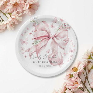 Eleganter rosa Bow & Pearls Coquette Quinceñera Pappteller