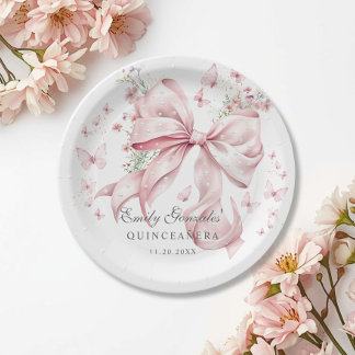 Eleganter rosa Bow & Pearls Coquette Quinceñera Pappteller