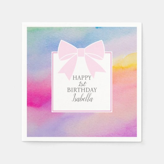 Eleganter rosa Bow Rainbow Wassercolor Erstgeburt Serviette (Vorderseite)