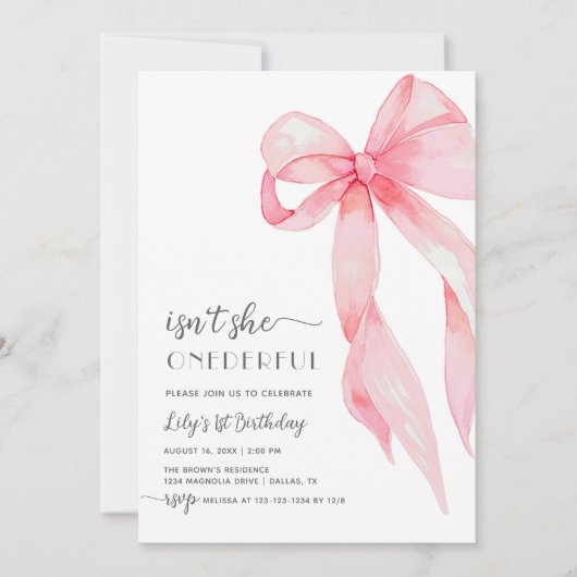 Eleganter rosa Bow Wunderschönes Baby Girl 1. Gebu Einladung (Vorderseite)