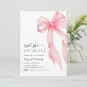 Eleganter rosa Bow Wunderschönes Baby Girl 1. Gebu Einladung (Stehend Vorderseite)