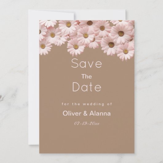 Eleganter, rosa Brauner Gänseblümchen Save the Dat Einladung (Vorderseite)