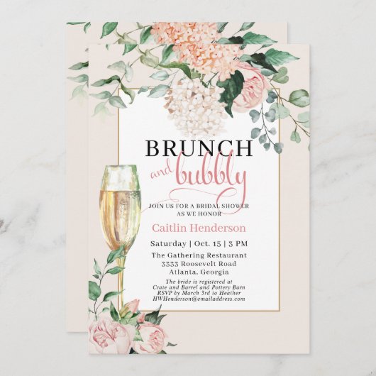 Eleganter rosa Brunch und Bubbly Brautparty Invit Einladung (Vorne/Hinten)