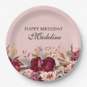 Eleganter rosa Burgund florales Happy Birthday Pappteller (Vorderseite)