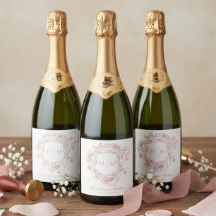 Eleganter rosa Chinoiserie-Vogel-Kamm-Hochzeit Schaumweinetikett