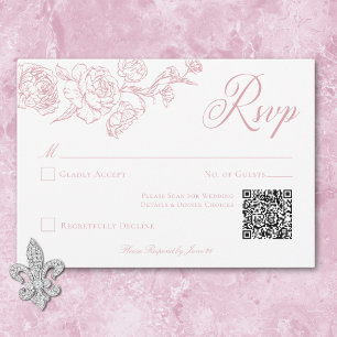 Eleganter rosa Chinoiserie-Vogel und Wappen Hochze RSVP Karte
