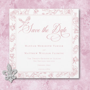 Eleganter rosa Chinoiserie-Vogel und Wappen zur Ho Save The Date