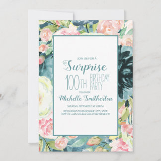 Eleganter Rosa Creme Aquamarin 100. Geburtstag Einladung