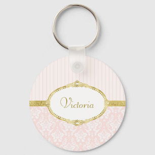 Eleganter Rosa Damast Vintage Gold Rahmen und Name Schlüsselanhänger