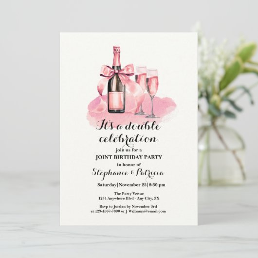 Eleganter rosa Doppelfeier Geburtstag Einladung (Stehend Vorderseite)