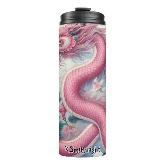 Eleganter rosa Drache mit Peonies Thermosbecher (Vorderseite)