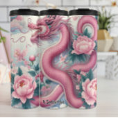 Eleganter rosa Drache mit Peonies Thermosbecher