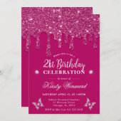 Eleganter Rosa Dripping Glitzer 21. Geburtstag Einladung (Vorne/Hinten)