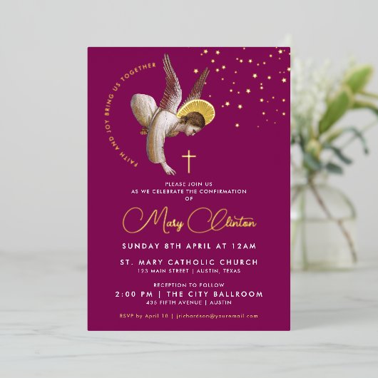 Eleganter rosa Engel Bestätigung Kommunion Glaube Folieneinladung (Stehend vorne)