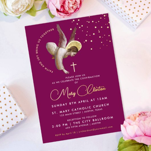 Eleganter rosa Engel Bestätigung Kommunion Glaube Folieneinladung