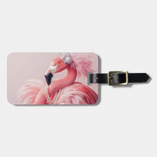 Eleganter rosa Flamingo mit Perlen und Federn Gepäckanhänger (Vorderseite horizontal)