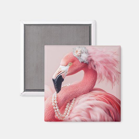 Eleganter rosa Flamingo mit Perlen und Federn Magnet (Vorderseite/Rückseite)