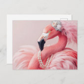 Eleganter rosa Flamingo mit Perlen und Federn Postkarte (Vorne/Hinten)