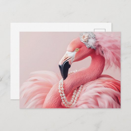 Eleganter rosa Flamingo mit Perlen und Federn Postkarte (Vorne/Hinten)
