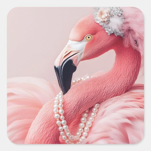 Eleganter rosa Flamingo mit Perlen und Federn Quadratischer Aufkleber (Vorderseite)