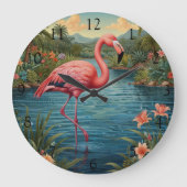 Eleganter Rosa Flamingo Retro Boho Große Wanduhr (Vorderseite)
