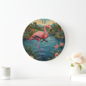 Eleganter Rosa Flamingo Retro Boho Große Wanduhr (Zuhause)