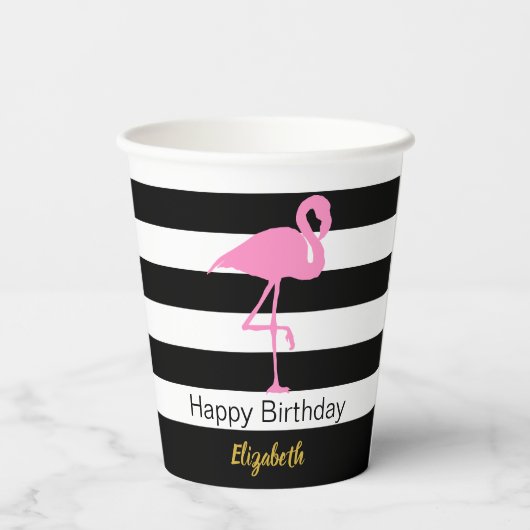 Eleganter rosa Flamingo Schwarz-Weiß Streifen Name Pappbecher (Rückseite)
