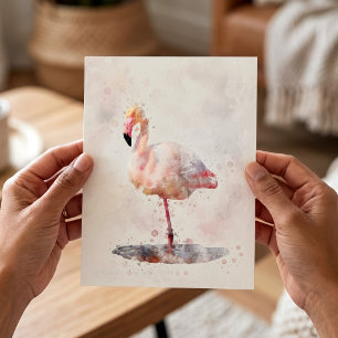 Eleganter Rosa Flamingo stehend in Wasserfarbe Postkarte