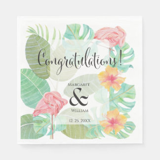 Eleganter Rosa Flamingo, Tropische Blätter und Blü Serviette