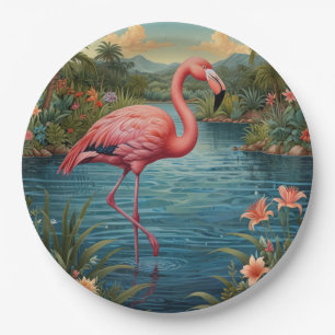 Eleganter rosa Flamingo tropisches Paradies Pappteller