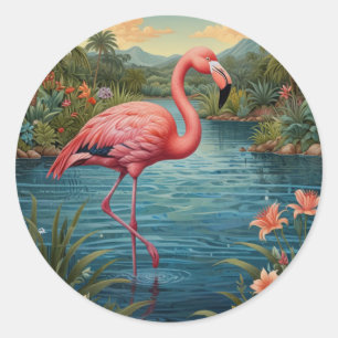 Eleganter rosa Flamingo tropisches Paradies Runder Aufkleber