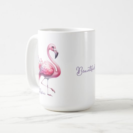 Eleganter rosa Flamingo und Rose Name Tasse (Vorderseite Links)