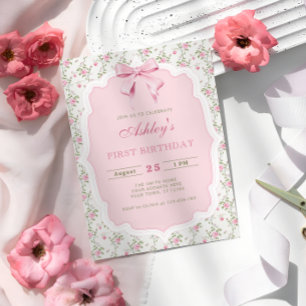 Eleganter Rosa Flora und Bow Girl Geburtstag Einladung